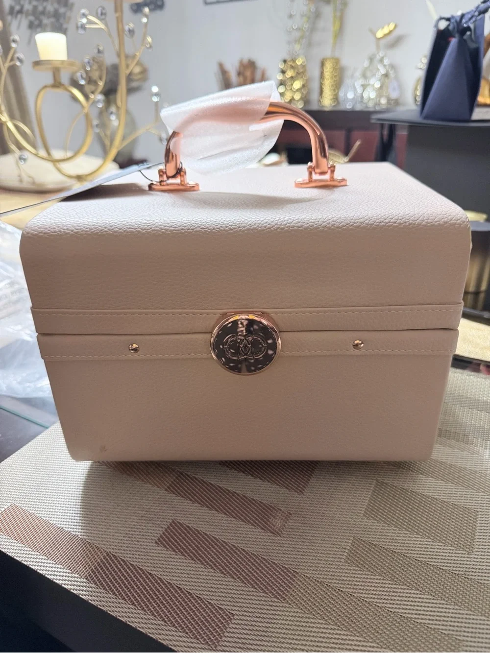 Beige Faux Leather Jewelry Box with Mirror